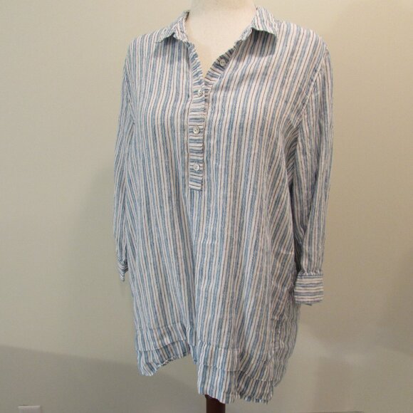 J Jill Love Linen White Blue/Black Striped Hi-Low Tunic Large Tall - Picture 4 of 16
